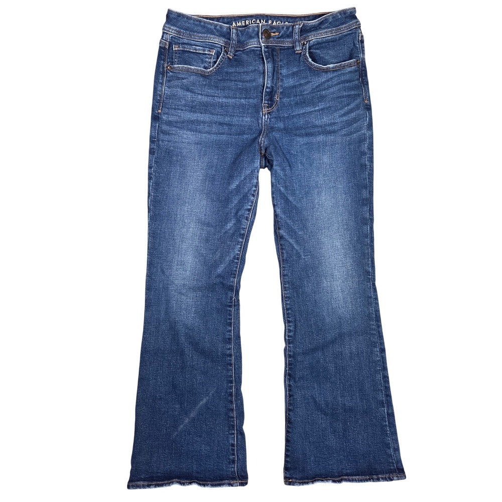 American Eagle Kick Crop Flare Jeans 12 X-Short Dark Wash Stretch Raw Hem
